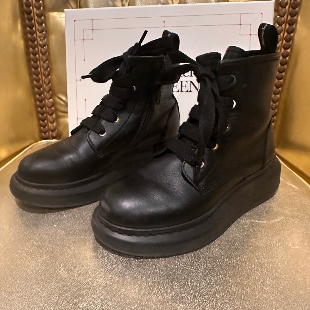 Black Leather Lace-Up Boots, Size 2 Kids, NWT